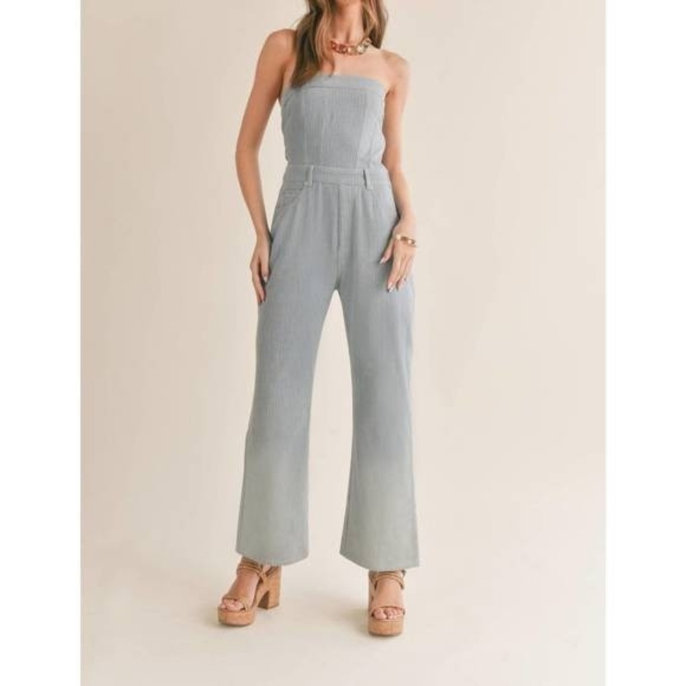 Sage The Label Sidezip‎ Denim Jumpsuit Light Wash Stripe Strapless Sz Small NWT